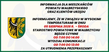 5 sierpnia br. (środa) zmiana godzin pracy urzędu